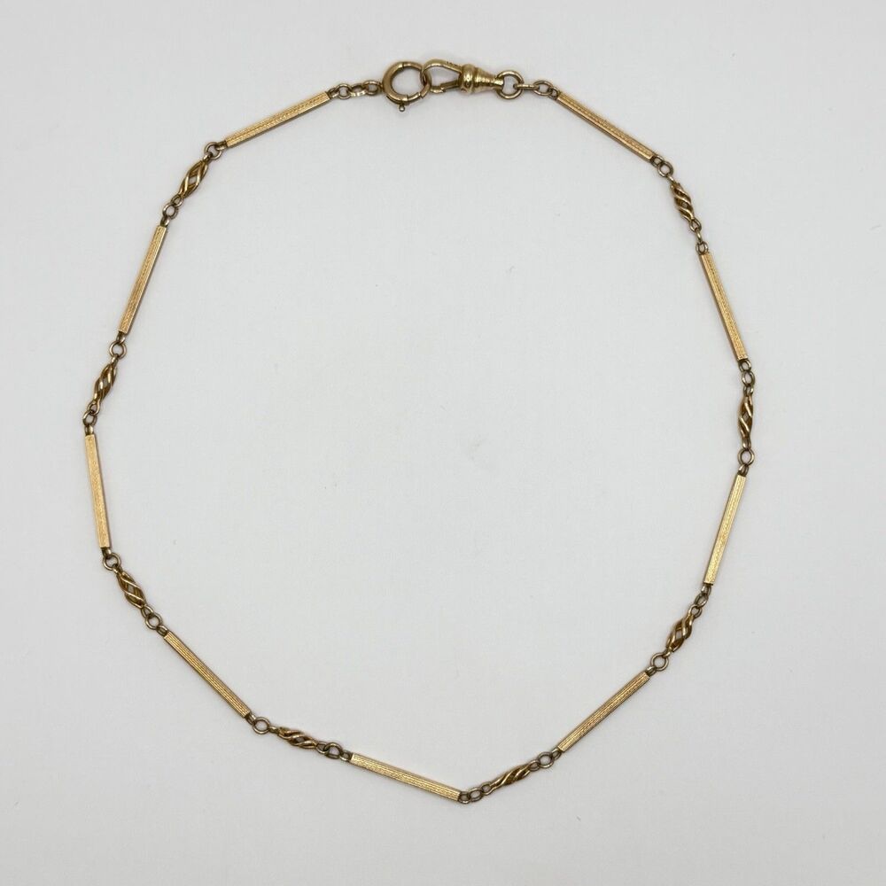 Antique 14K Yellow Gold Bar Link Pocket Watch Chain 13" Marked on Both Ends